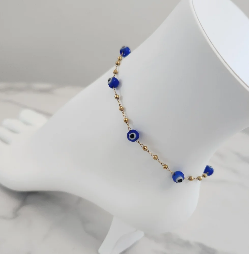 Modern Style Beaded Blue Evil Eye 18K Gold Plated Bracelet - Picture 5 of 11